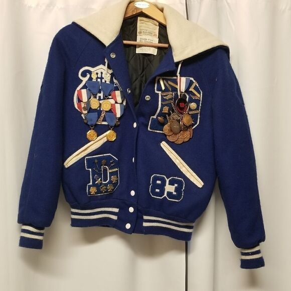 Vintage 80s Letterman Varsity Jacket 50 Metals Wool Blue White Striped Bomber - Picture 2 of 13